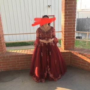 Red prom dress with gold details